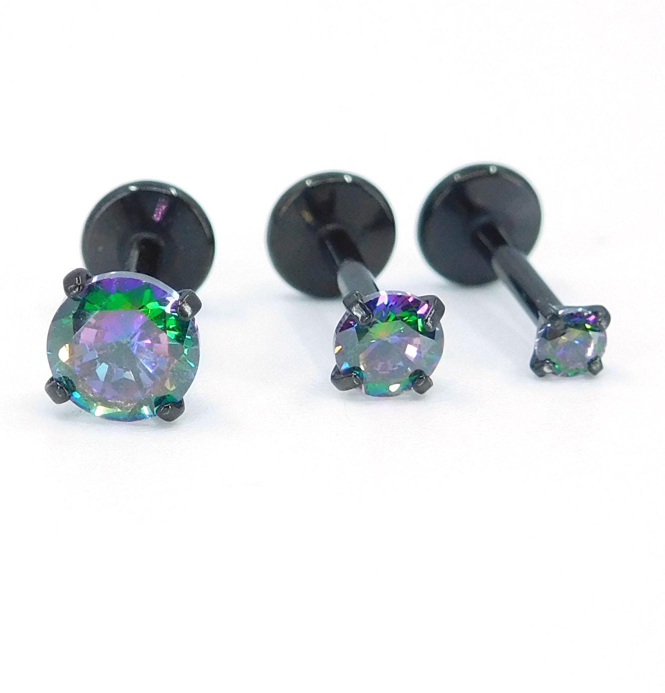 NEW 16G, 18G, 20G Black Threadless Stud Earrings, Prong Set Crystal Labret Nose Ring, Dark Rainbow Comfort Flat Back Dark Prism Tragus Rings