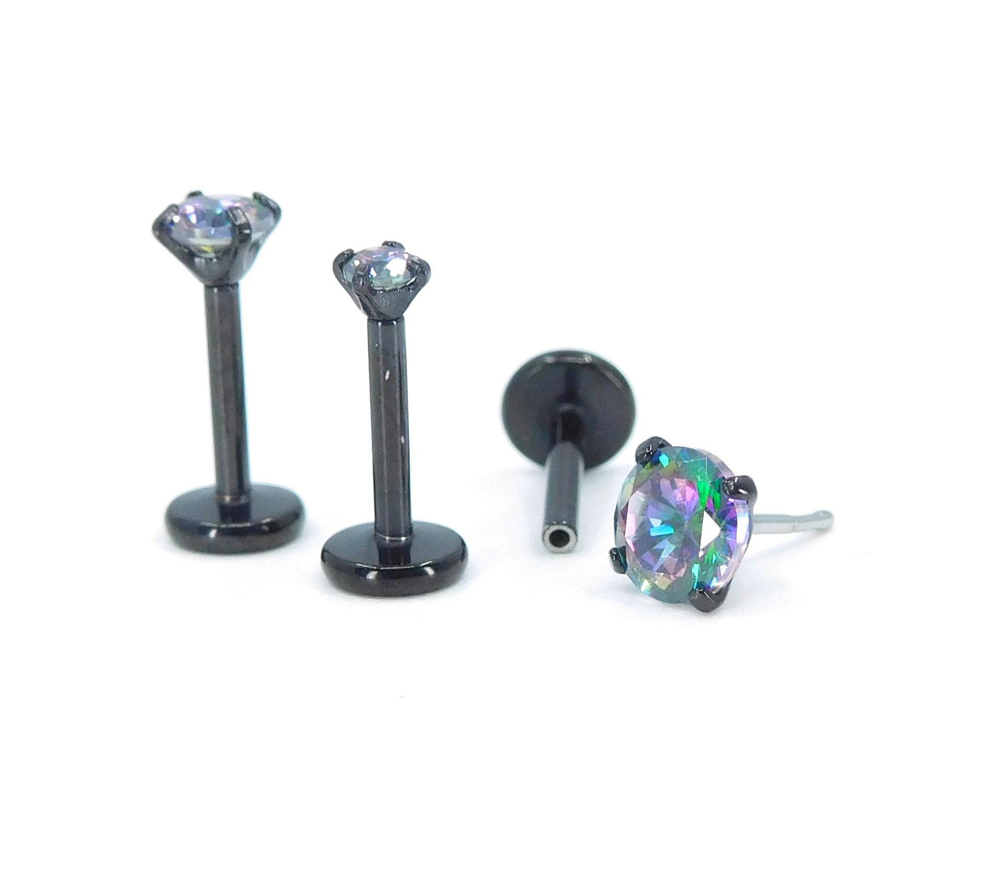 NEW 16G, 18G, 20G Black Threadless Stud Earrings, Prong Set Crystal Labret Nose Ring, Dark Rainbow Comfort Flat Back Dark Prism Tragus Rings