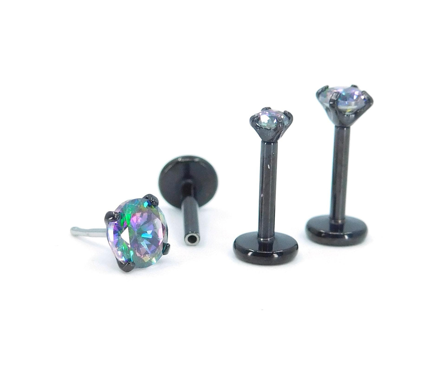 NEW 16G, 18G, 20G Black Threadless Stud Earrings, Prong Set Crystal Labret Nose Ring, Dark Rainbow Comfort Flat Back Dark Prism Tragus Rings