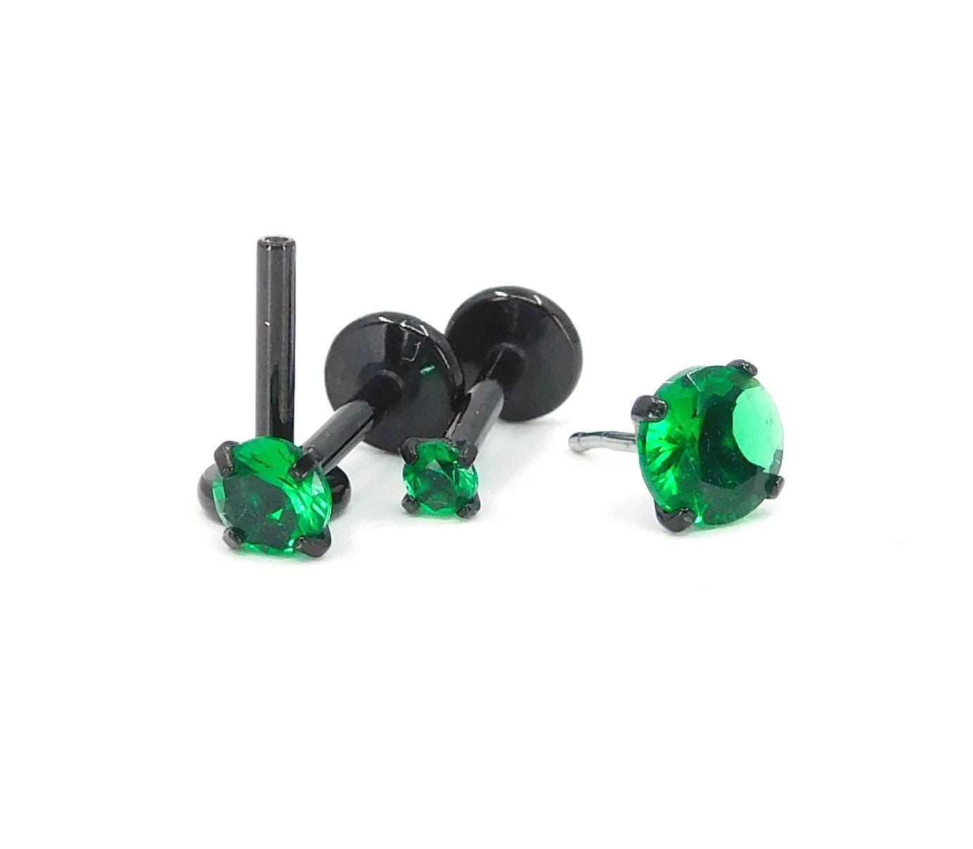 18G Green Prong Set Stud Earrings, 16G Triple Helix 2-4mm Cartilage Petite Unique Ear Rings, 20G Flat Back Theadless Black PVD Nose Rings