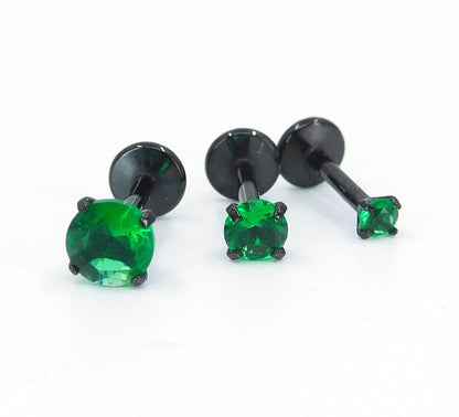 18G Green Prong Set Stud Earrings, 16G Triple Helix 2-4mm Cartilage Petite Unique Ear Rings, 20G Flat Back Theadless Black PVD Nose Rings