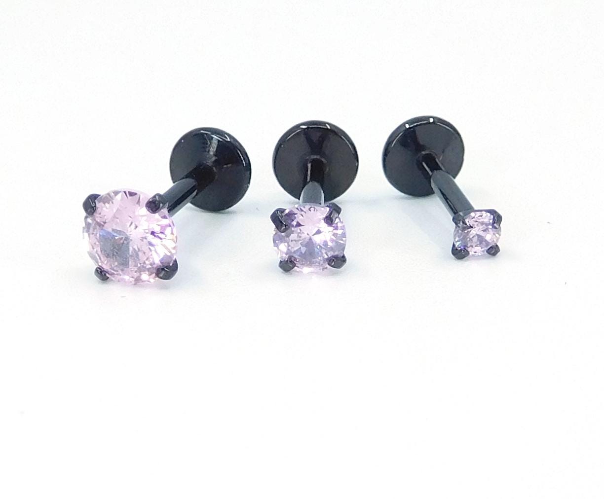 16G, 18G, 20G Pink Threadless Stud Earrings, Cartilage Tragus Rings, Prong Set Pink Crystal Black PVD Comfort Flat Back Labret Nose Ring