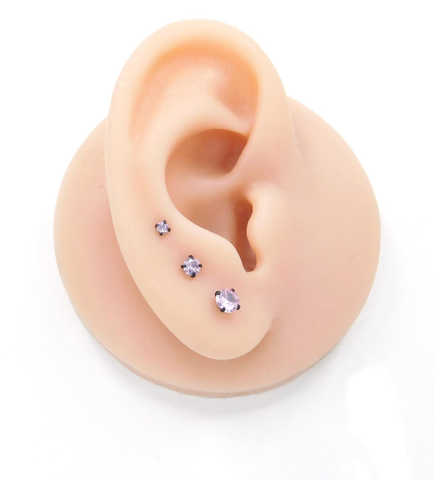 16G, 18G, 20G Pink Threadless Stud Earrings, Cartilage Tragus Rings, Prong Set Pink Crystal Black PVD Comfort Flat Back Labret Nose Ring