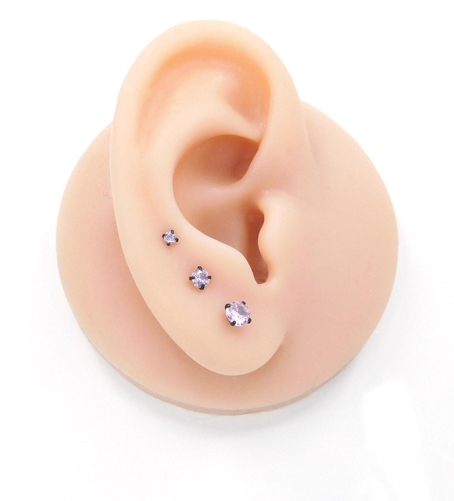 16G, 18G, 20G Pink Threadless Stud Earrings, Cartilage Cubic Zirconia Tragus Rings, Prong Set Pink CZ Black PVD Flat Back Labret Nose Ring