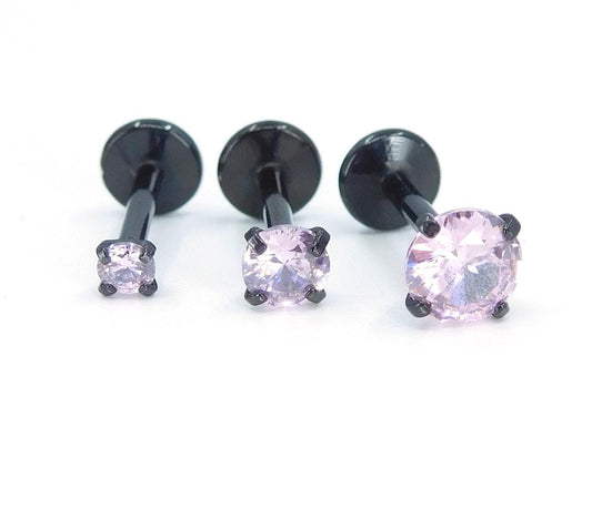 16G, 18G, 20G Pink Threadless Stud Earrings, Cartilage Cubic Zirconia Tragus Rings, Prong Set Pink CZ Black PVD Flat Back Labret Nose Ring