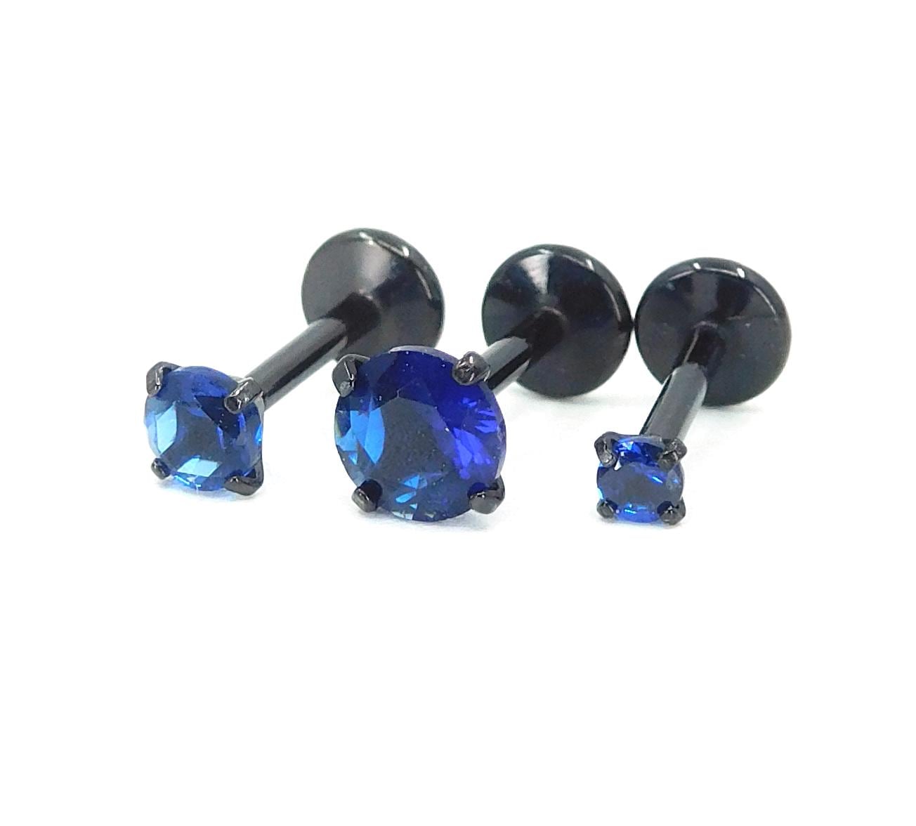 16G, 18G, 20G Blue Threadless Stud Earrings, Prong Set Royal Blue Labret Nose Ring, Black PVD Comfort Flat Back Cartilage Tragus Rings