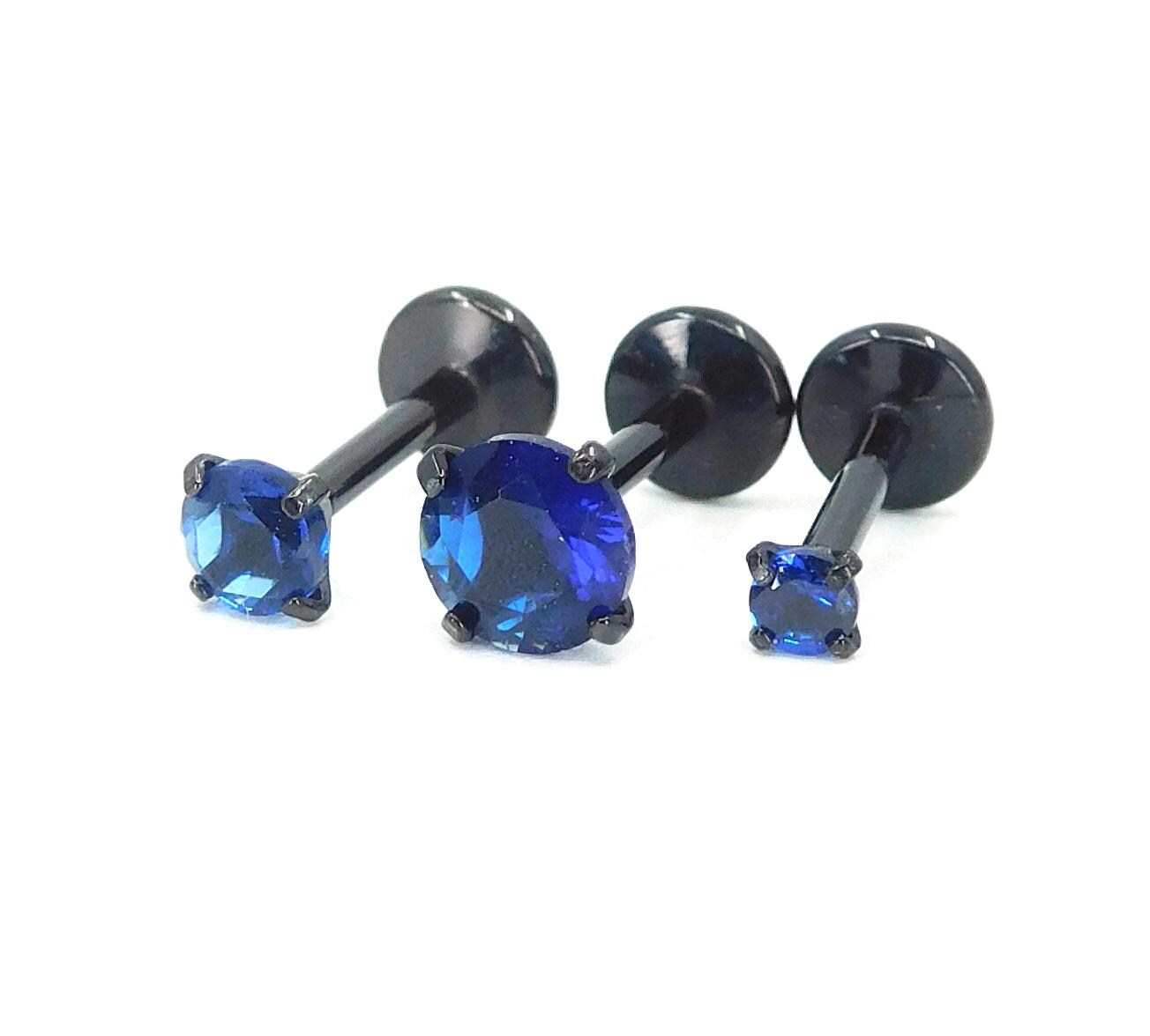 Blue CZ Black PVD Threadless Labret: Cartilage Stud Earring