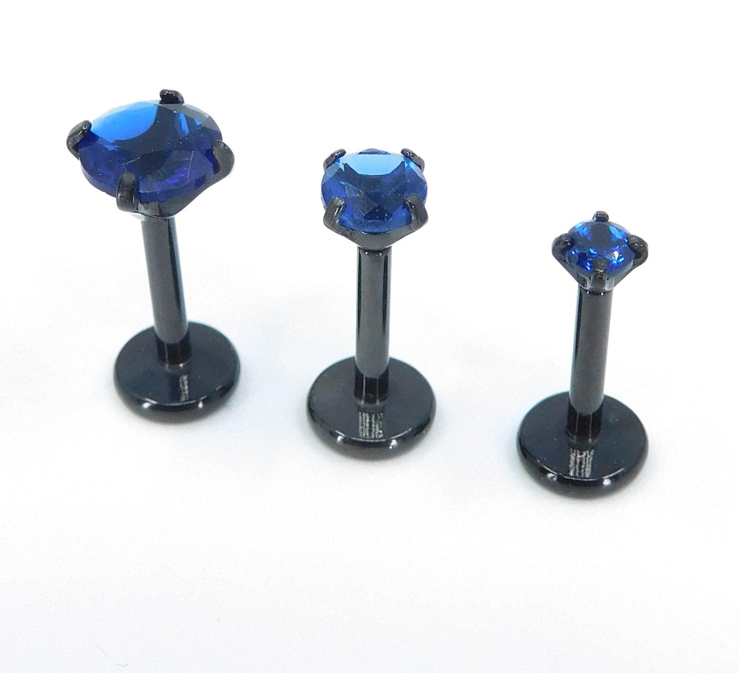 16G, 18G, 20G Blue Threadless Stud Earrings, Prong Set Royal Blue Labret Nose Ring, Black PVD Comfort Flat Back Cartilage Tragus Rings