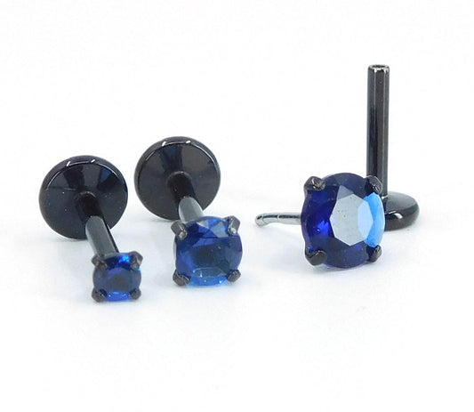 16G, 18G, 20G Blue Threadless Stud Earrings, Prong Set Royal Blue Labret Nose Ring, Black PVD Comfort Flat Back Cartilage Tragus Rings