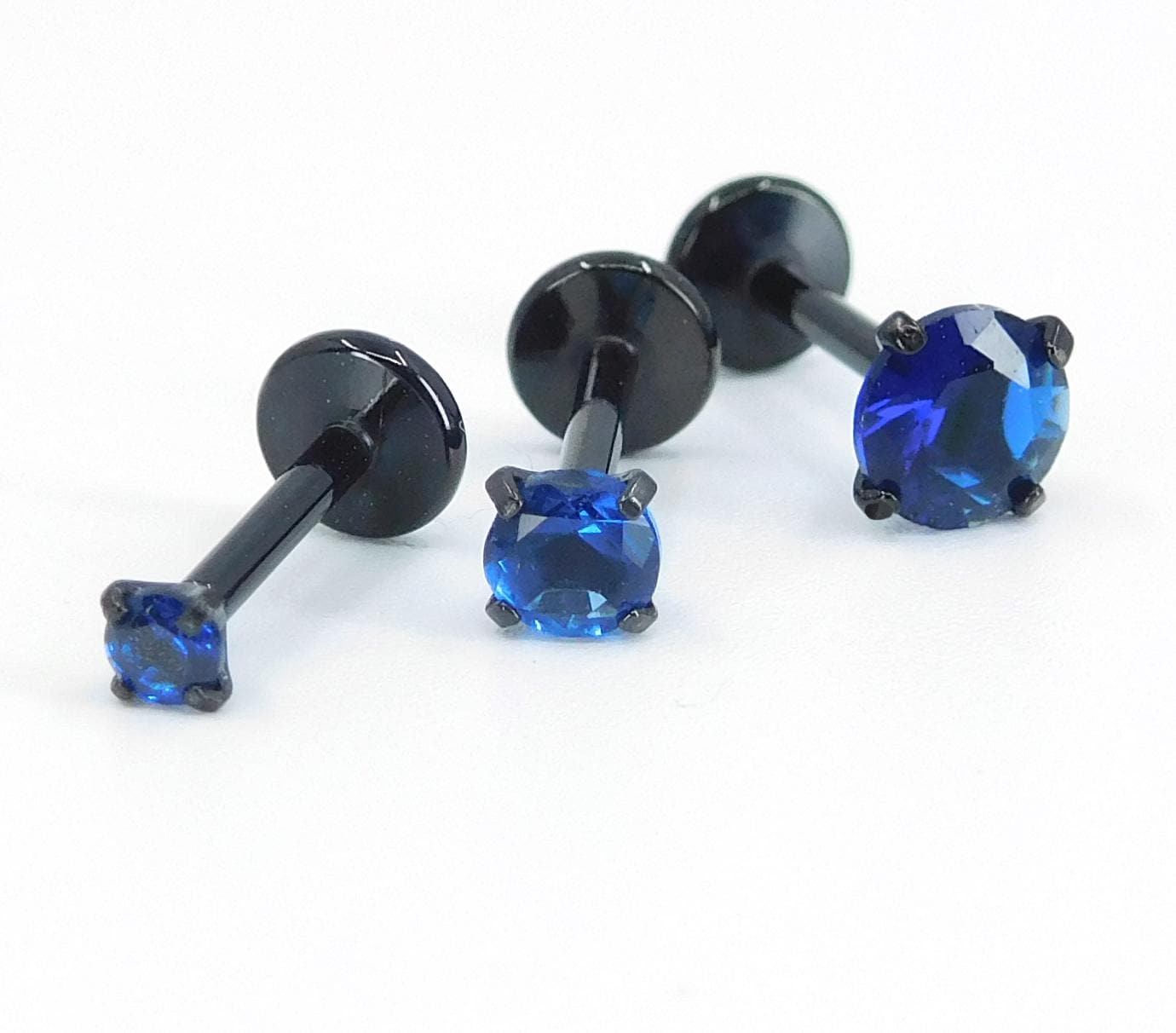 16G, 18G, 20G Blue Threadless Stud Earrings, Prong Set Royal Blue Labret Nose Ring, Black PVD Comfort Flat Back Cartilage Tragus Rings