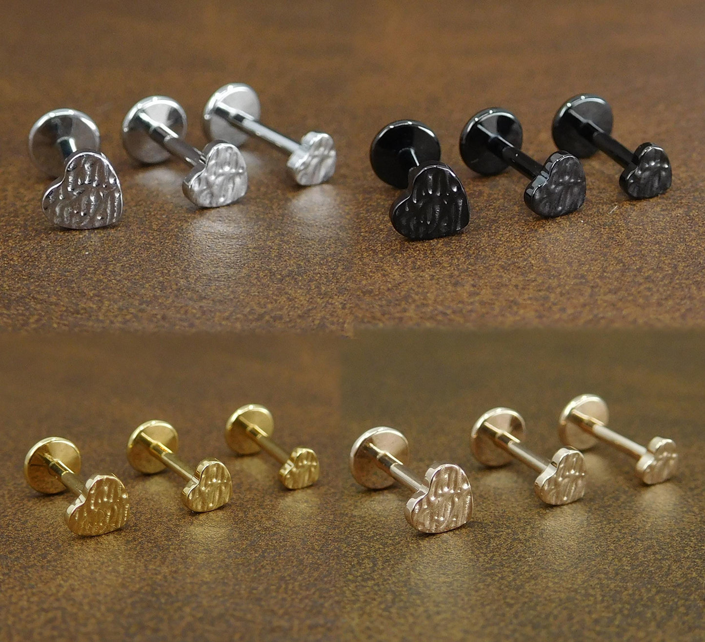 Unique 3-4mm Hammered Heart Stud Earrings, Threadless Push Pin Style Gold Tone Nose Ring, Petite Rustic Natural Look Earrings, 16G, 18G, 20G