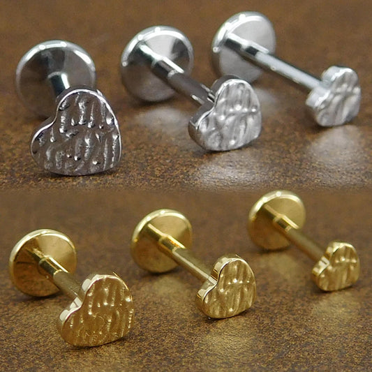 Unique 3-4mm Hammered Heart Stud Earrings, Threadless Push Pin Style Gold Tone Nose Ring, Petite Rustic Natural Look Earrings, 16G, 18G, 20G