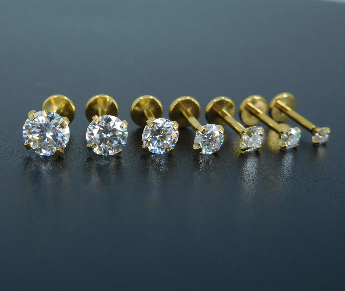 Moissanite Gold PVD Threadless Stud Earrings ~ Push Pin Nose Ring ~ Tragus Piercing ~ Labret Earring ~ Threadless Flat Back Earring Stack