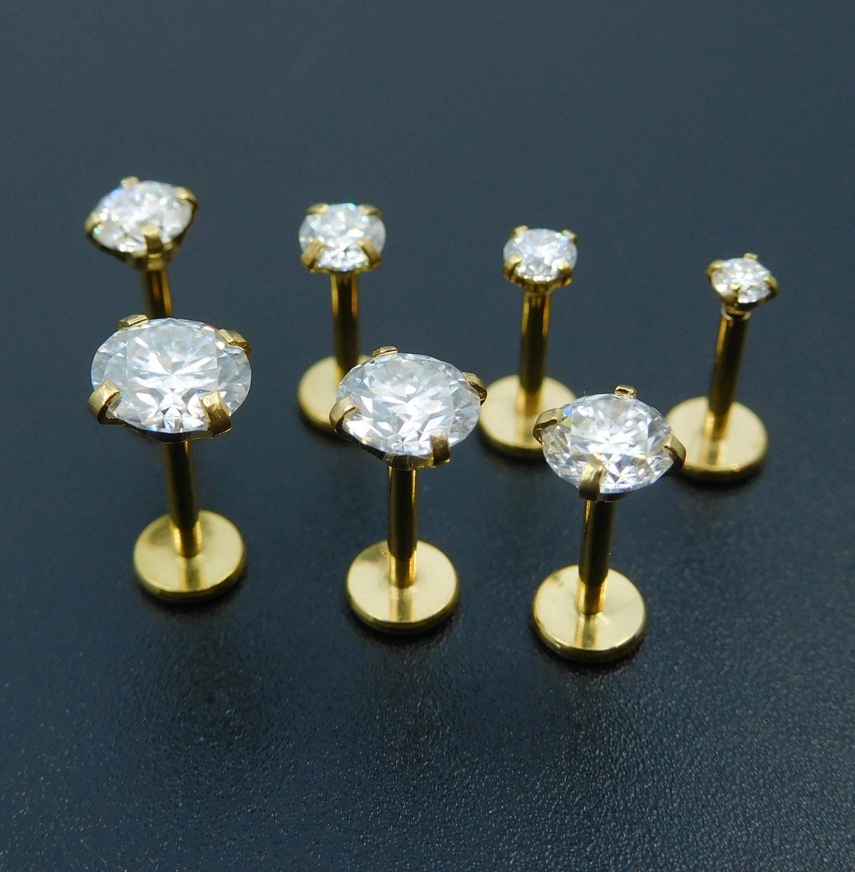 Moissanite Gold PVD Threadless Stud Earrings ~ Push Pin Nose Ring ~ Tragus Piercing ~ Labret Earring ~ Threadless Flat Back Earring Stack