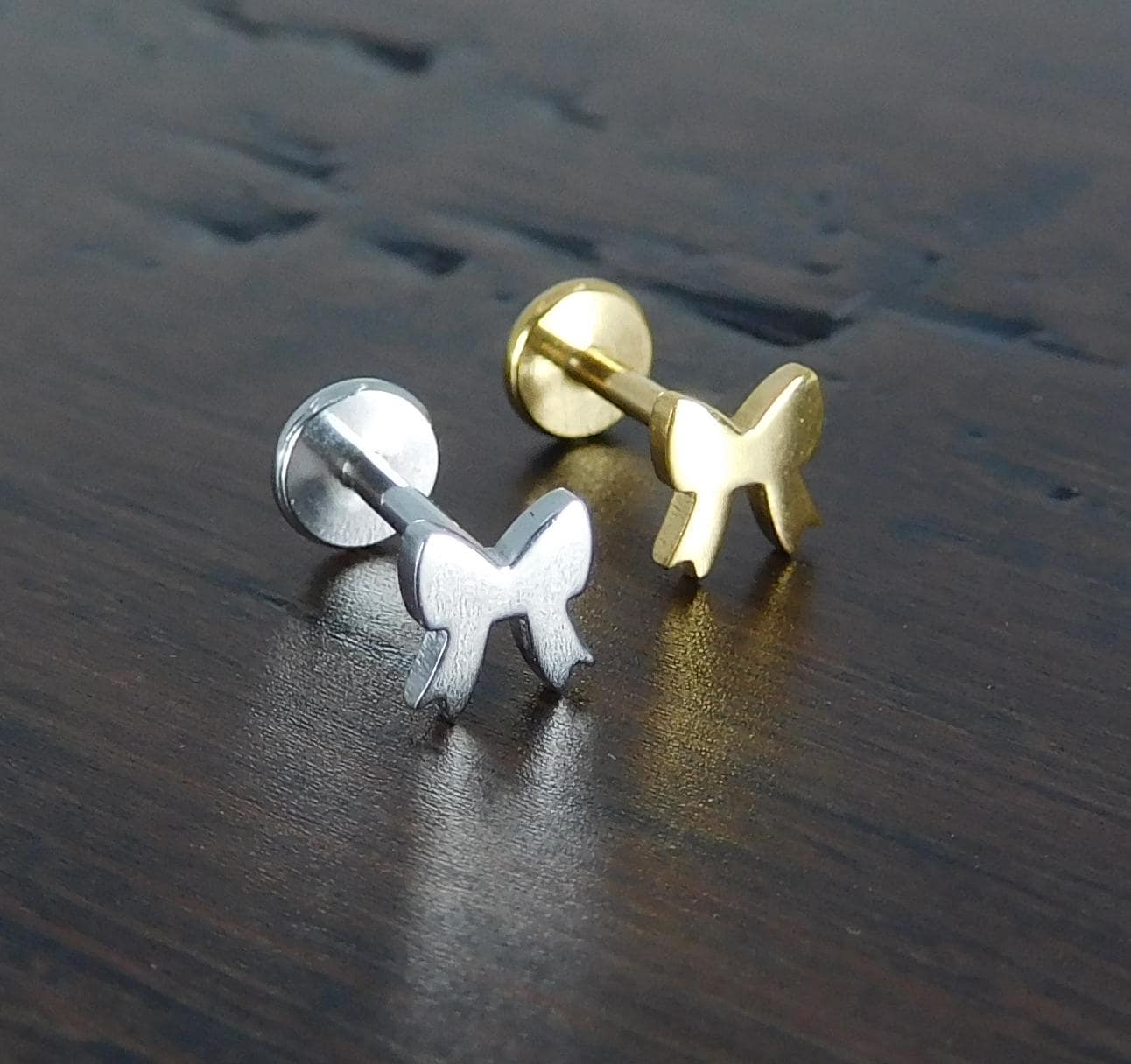 Small Petite Flat Bow Stud Earrings, Threadless Push Pin Gold Tone Nose Ring, 16G, 18G, 20G Rustic Earrings, Bow Shaped Cartilage Earrings