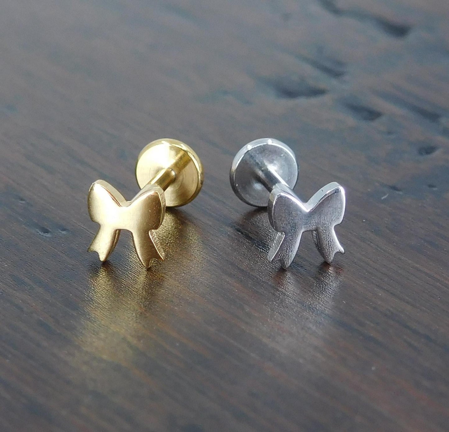 Small Petite Flat Bow Stud Earrings, Threadless Push Pin Gold Tone Nose Ring, 16G, 18G, 20G Rustic Earrings, Bow Shaped Cartilage Earrings