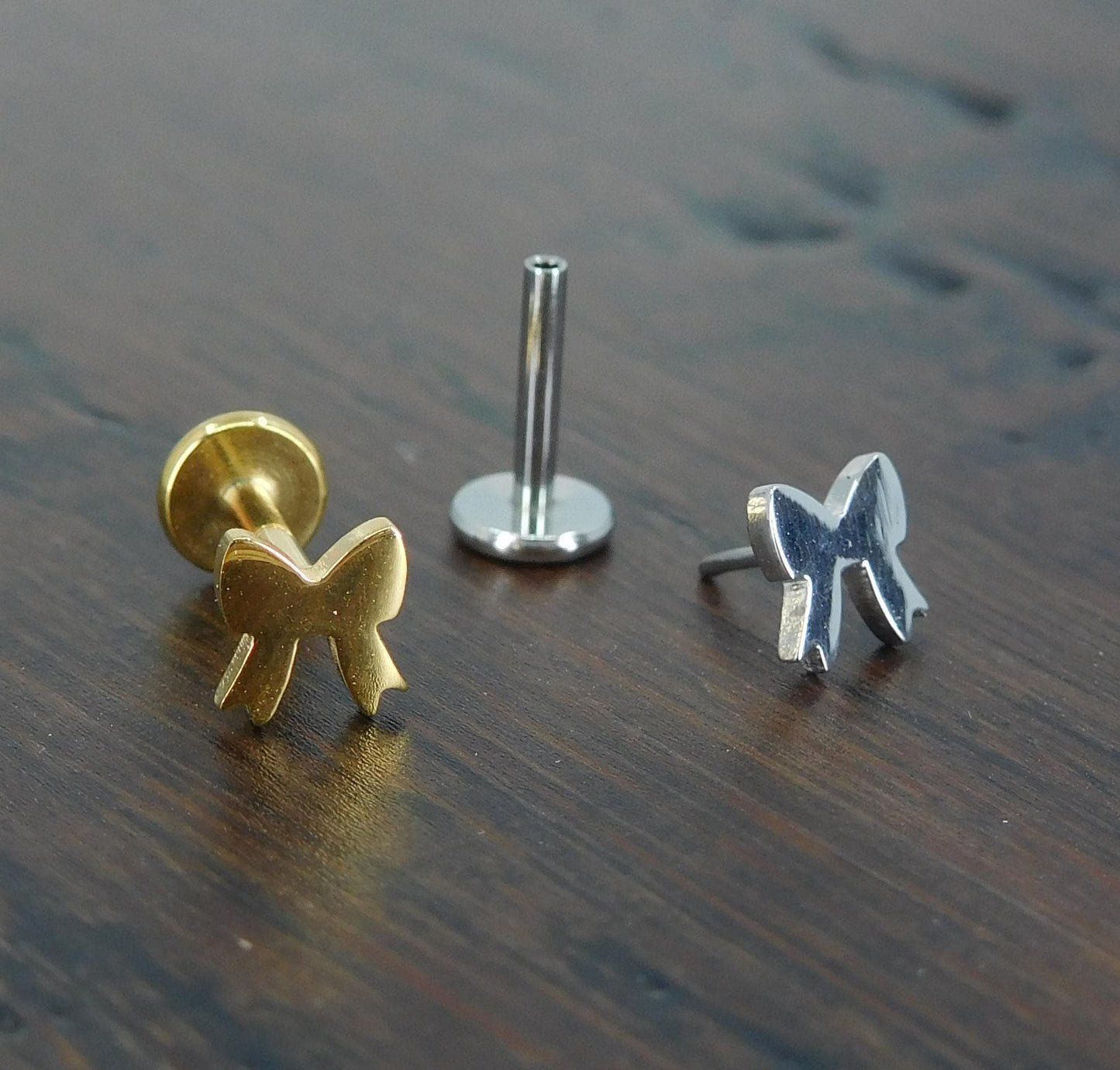 Small Petite Flat Bow Stud Earrings, Threadless Push Pin Gold Tone Nose Ring, 16G, 18G, 20G Rustic Earrings, Bow Shaped Cartilage Earrings