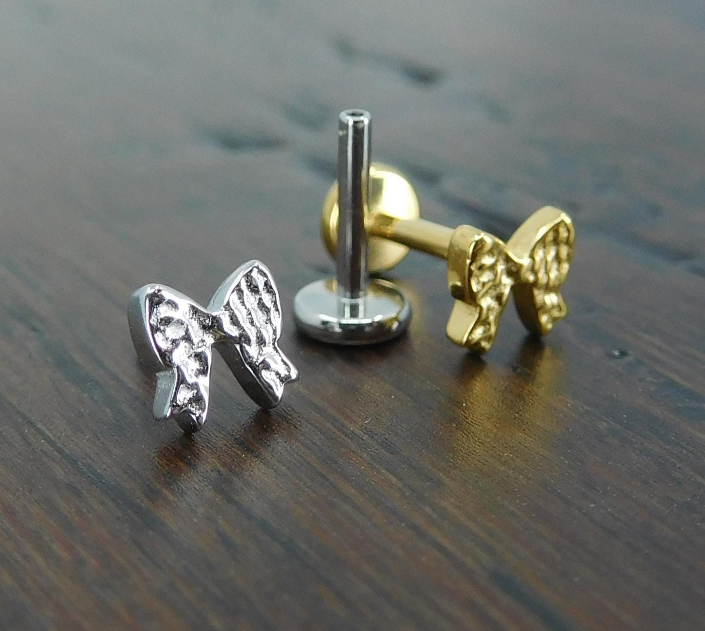 Flat Back Hammered Bow Stud Earrings, Threadless Push Pin Gold Tone Nose Ring, Rustic Earrings, 16G, 18G, 20G Bow Shaped Cartilage Earrings