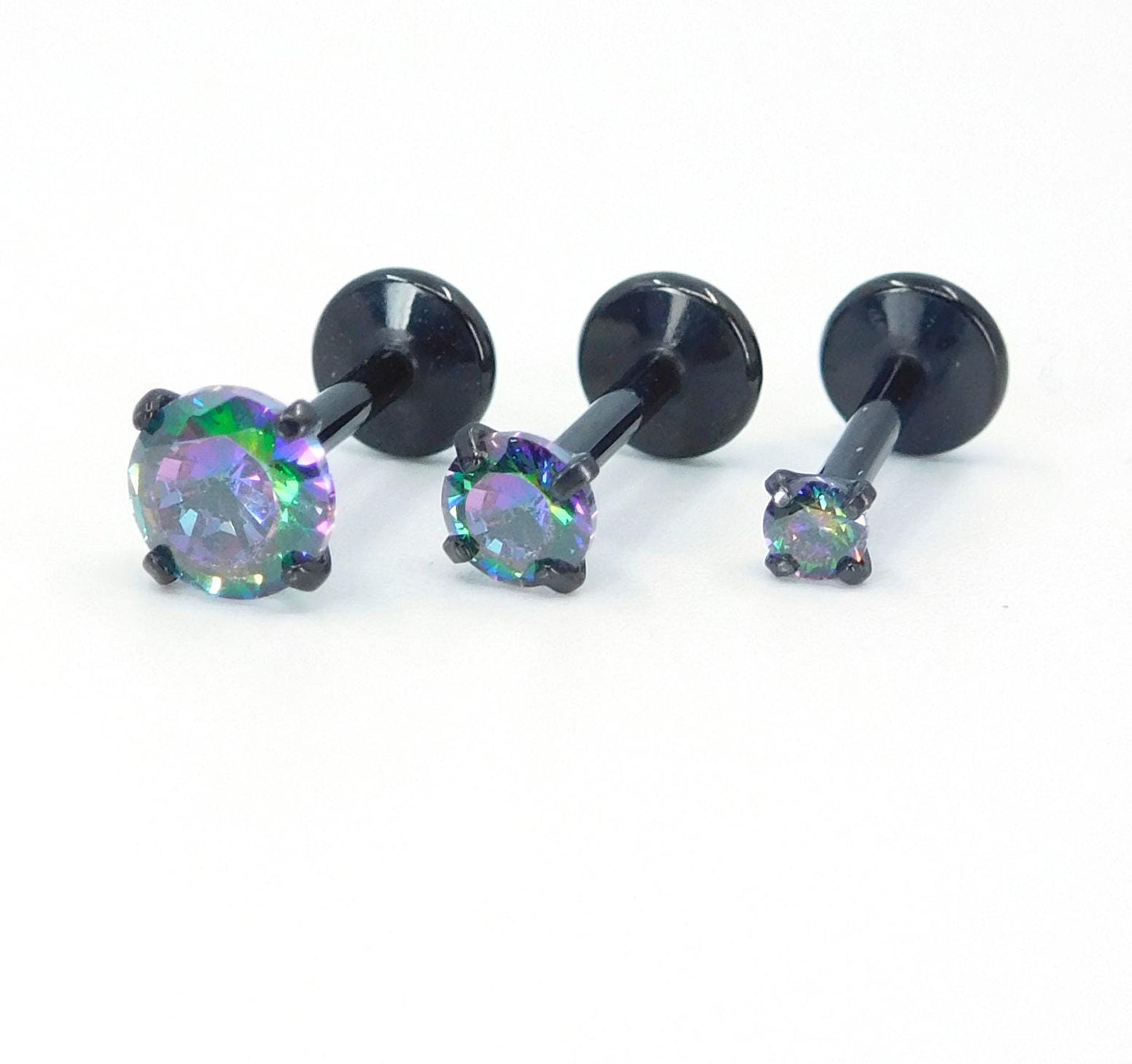 NEW 16G, 18G, 20G Black Threadless Stud Earrings, Prong Set Crystal Labret Nose Ring, Dark Rainbow Comfort Flat Back Dark Prism Tragus Rings