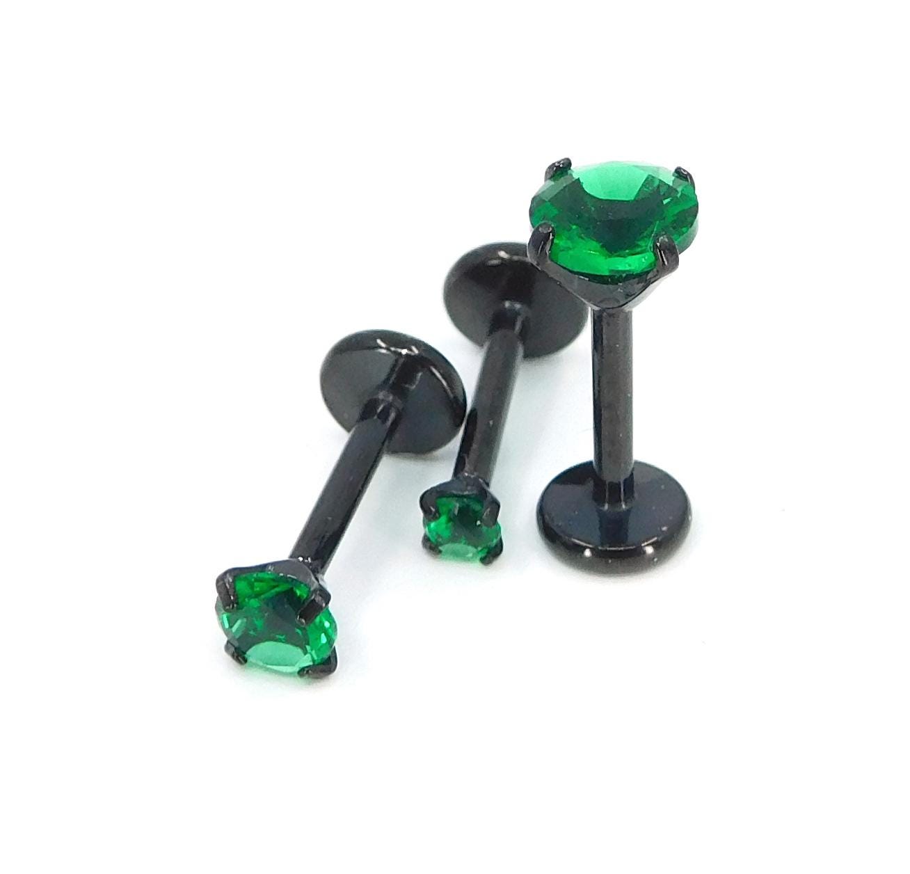 18G Green Prong Set Stud Earrings, 16G Triple Helix 2-4mm Cartilage Petite Unique Ear Rings, 20G Flat Back Theadless Black PVD Nose Rings