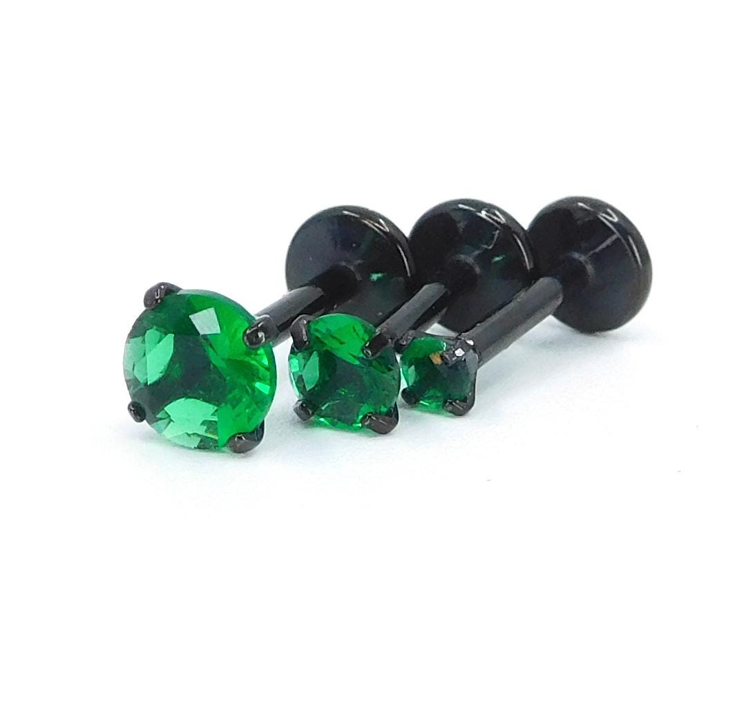 18G Green Prong Set Stud Earrings, 16G Triple Helix 2-4mm Cartilage Petite Unique Ear Rings, 20G Flat Back Theadless Black PVD Nose Rings