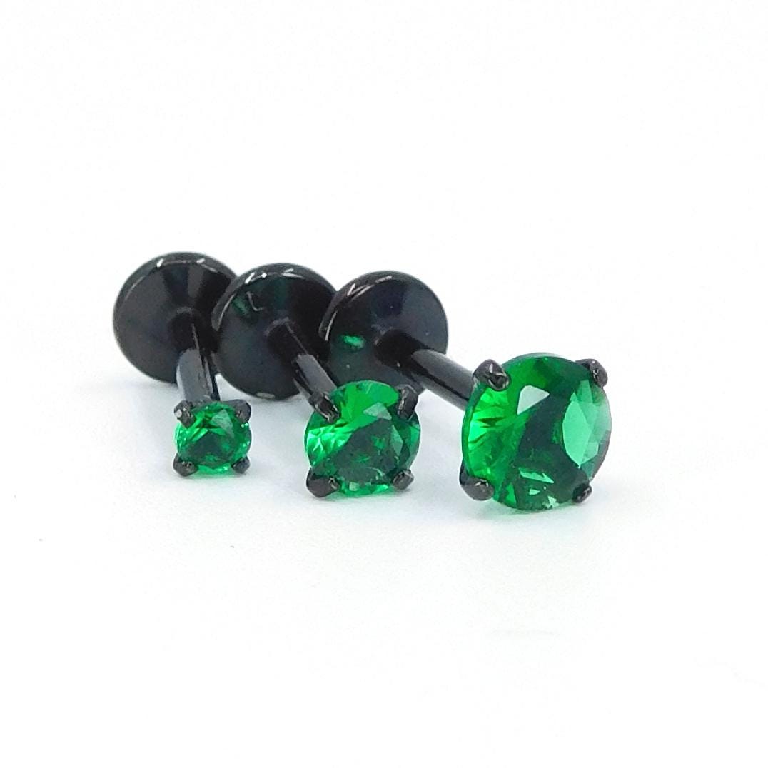 18G Green Prong Set Stud Earrings, 16G Triple Helix 2-4mm Cartilage Petite Unique Ear Rings, 20G Flat Back Theadless Black PVD Nose Rings