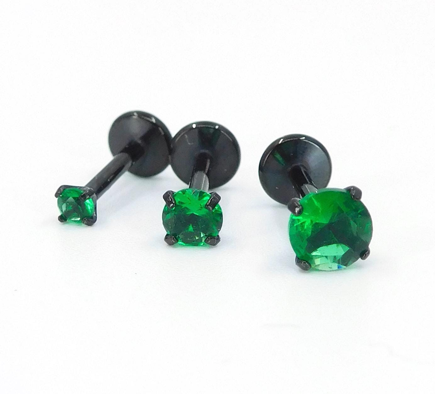 18G Green Prong Set Stud Earrings, 16G Triple Helix 2-4mm Cartilage Petite Unique Ear Rings, 20G Flat Back Theadless Black PVD Nose Rings