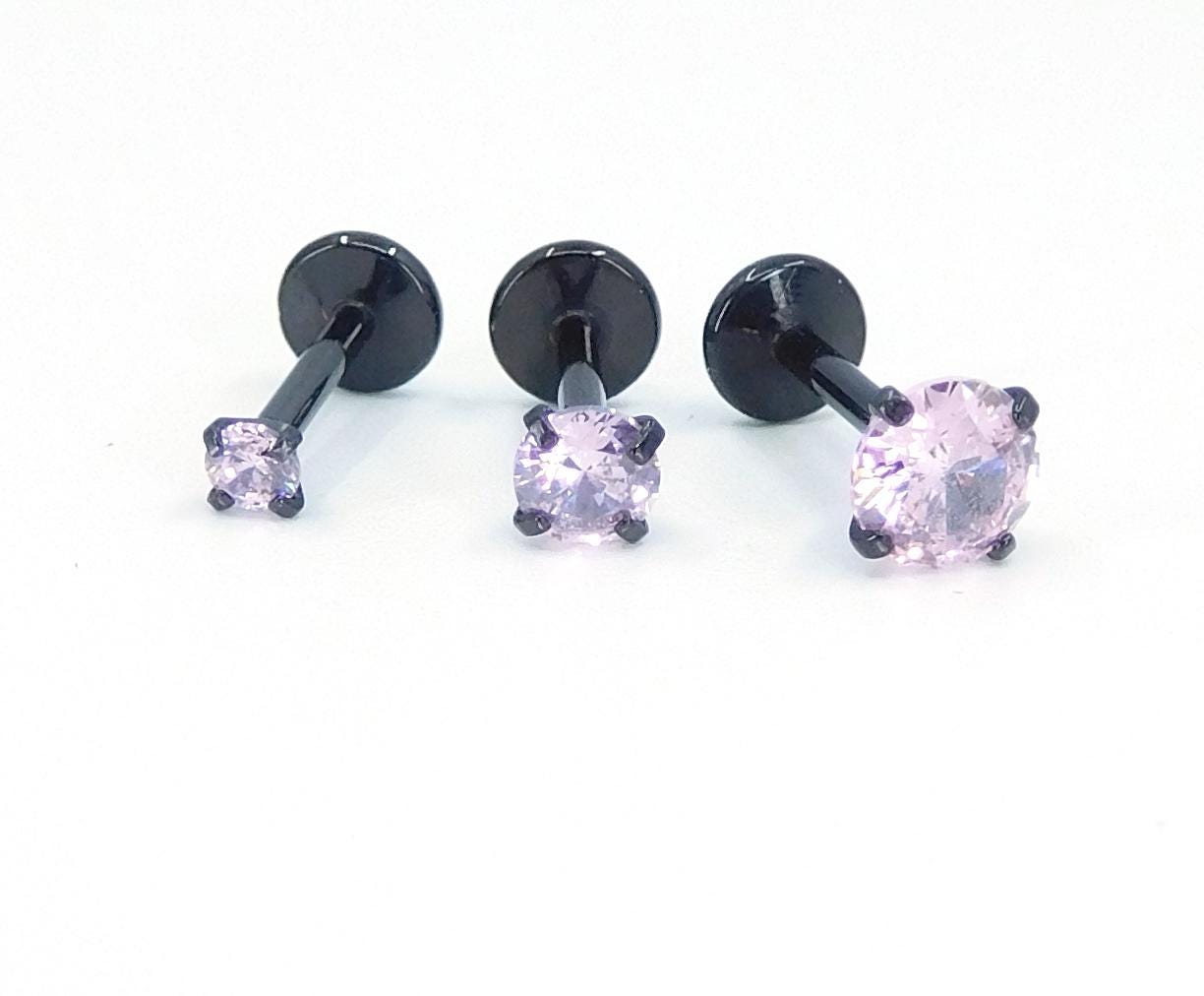 16G, 18G, 20G Pink Threadless Stud Earrings, Cartilage Tragus Rings, Prong Set Pink Crystal Black PVD Comfort Flat Back Labret Nose Ring