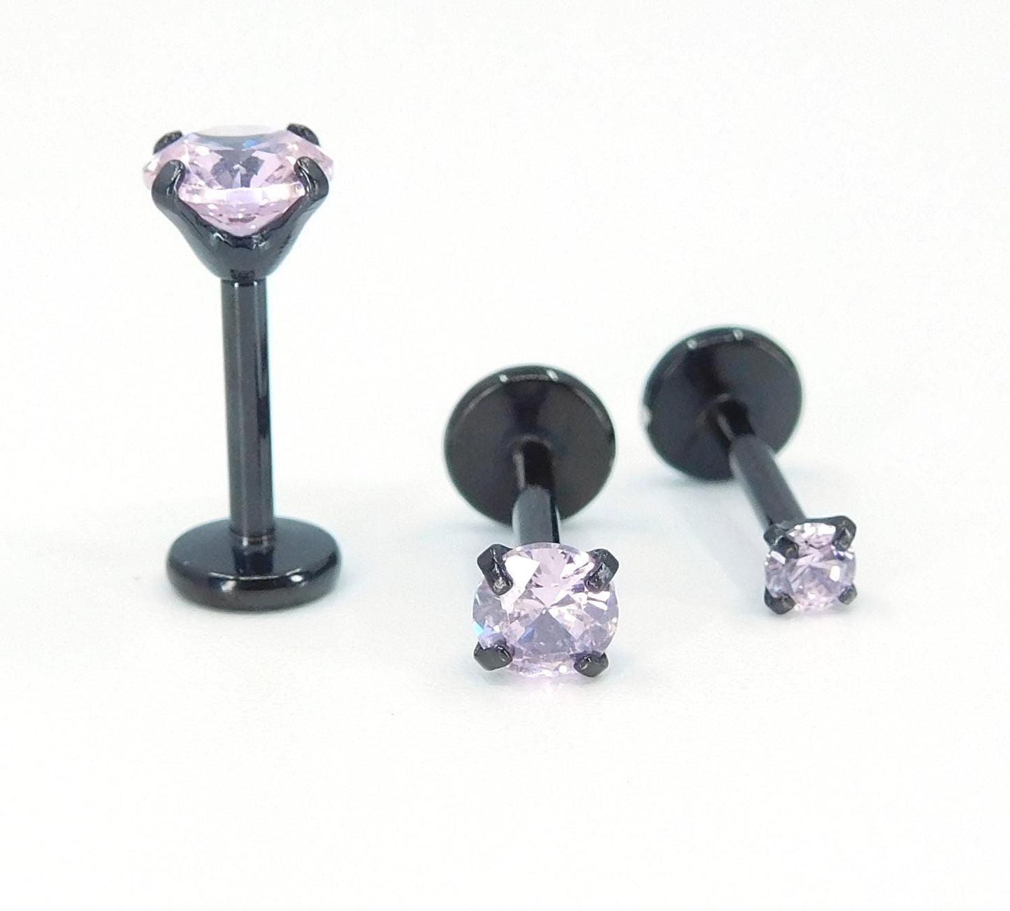 16G, 18G, 20G Pink Threadless Stud Earrings, Cartilage Tragus Rings, Prong Set Pink Crystal Black PVD Comfort Flat Back Labret Nose Ring