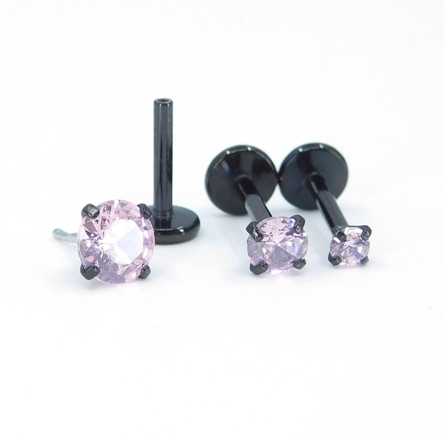 16G, 18G, 20G Pink Threadless Stud Earrings, Cartilage Tragus Rings, Prong Set Pink Crystal Black PVD Comfort Flat Back Labret Nose Ring