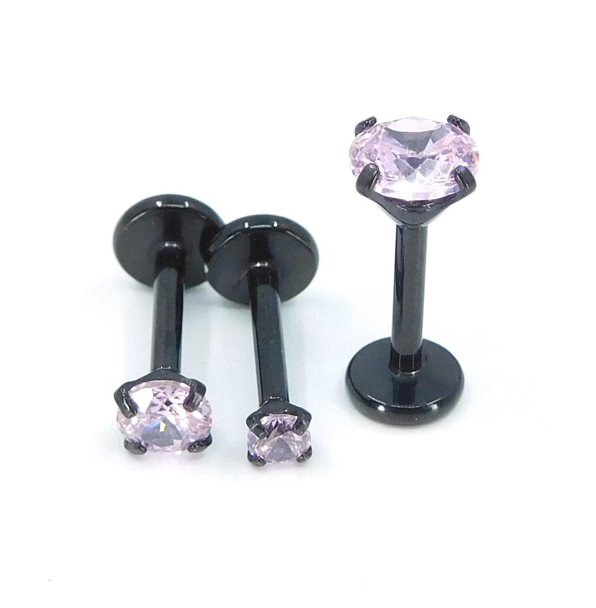 16G, 18G, 20G Pink Threadless Stud Earrings, Cartilage Tragus Rings, Prong Set Pink Crystal Black PVD Comfort Flat Back Labret Nose Ring