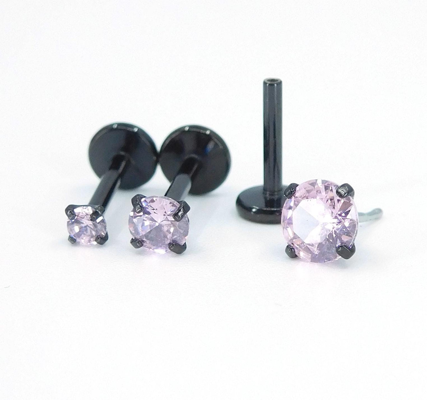 16G, 18G, 20G Pink Threadless Stud Earrings, Cartilage Tragus Rings, Prong Set Pink Crystal Black PVD Comfort Flat Back Labret Nose Ring