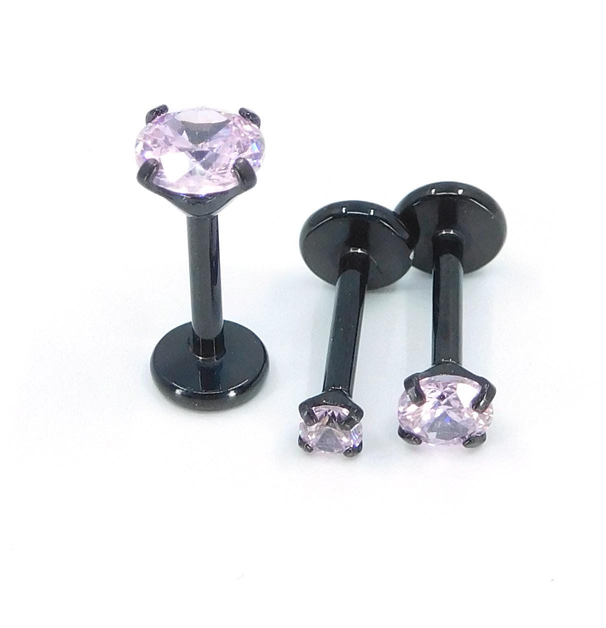 16G, 18G, 20G Pink Threadless Stud Earrings, Cartilage Tragus Rings, Prong Set Pink Crystal Black PVD Comfort Flat Back Labret Nose Ring