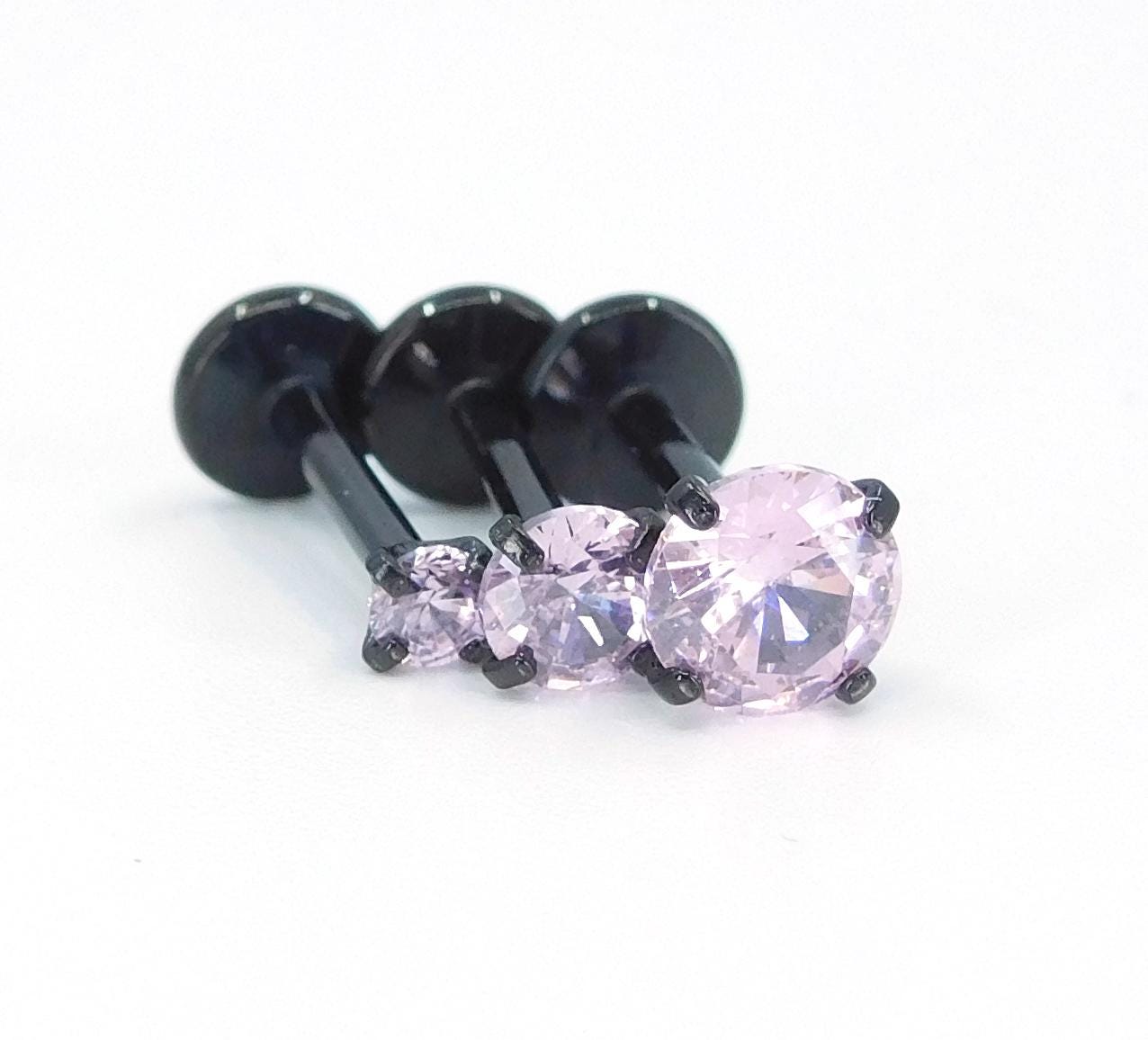 16G, 18G, 20G Pink Threadless Stud Earrings, Cartilage Tragus Rings, Prong Set Pink Crystal Black PVD Comfort Flat Back Labret Nose Ring