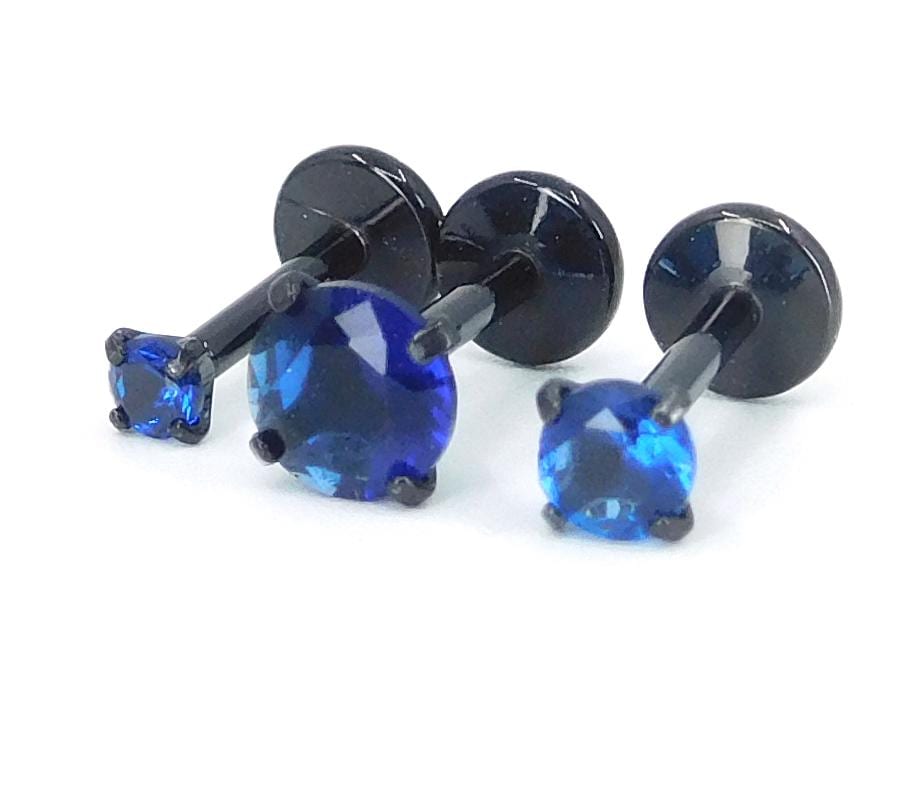 16G, 18G, 20G Blue Threadless Stud Earrings, Prong Set Royal Blue Labret Nose Ring, Black PVD Comfort Flat Back Cartilage Tragus Rings