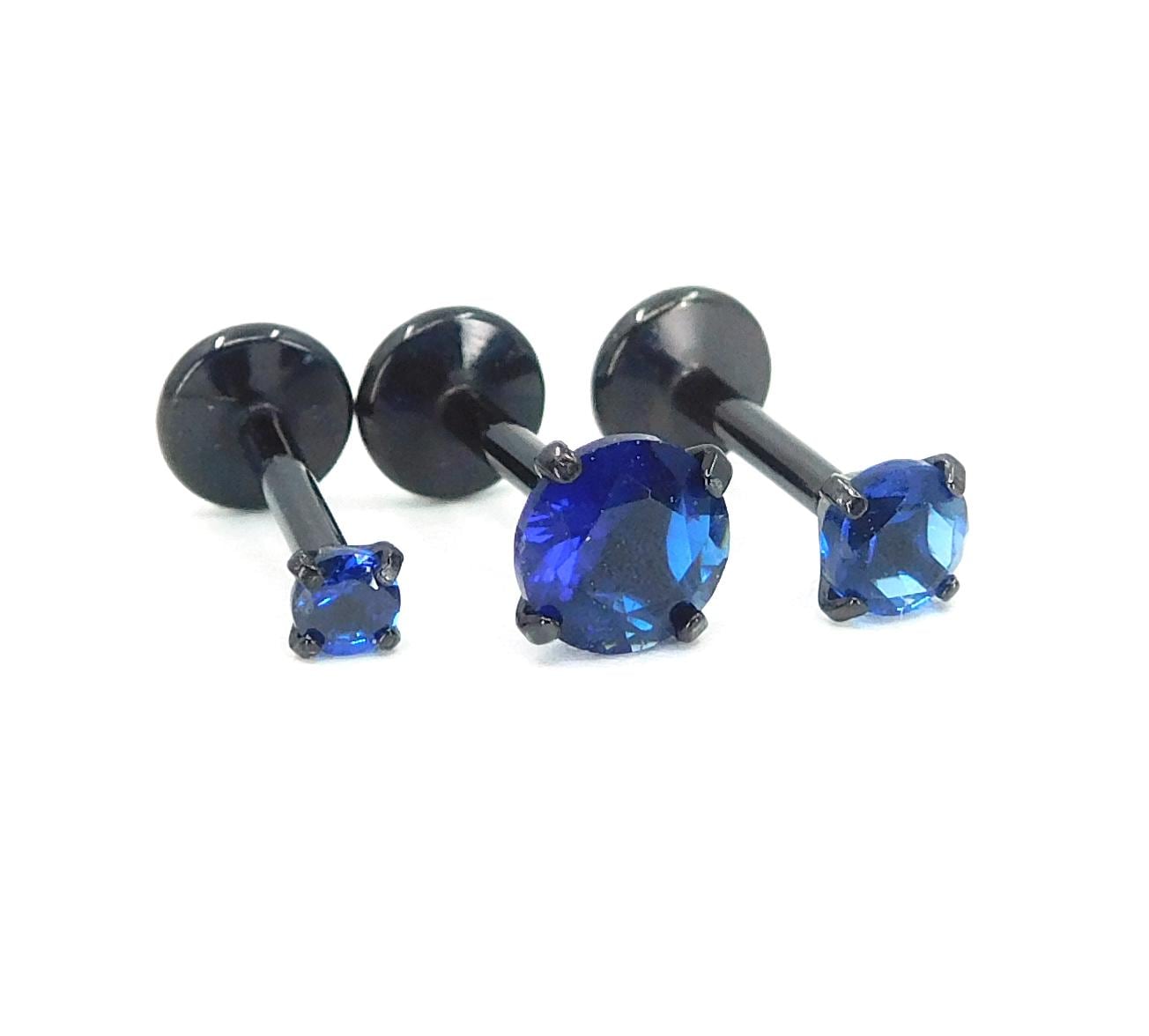 16G, 18G, 20G Blue Threadless Stud Earrings, Prong Set Royal Blue Labret Nose Ring, Black PVD Comfort Flat Back Cartilage Tragus Rings