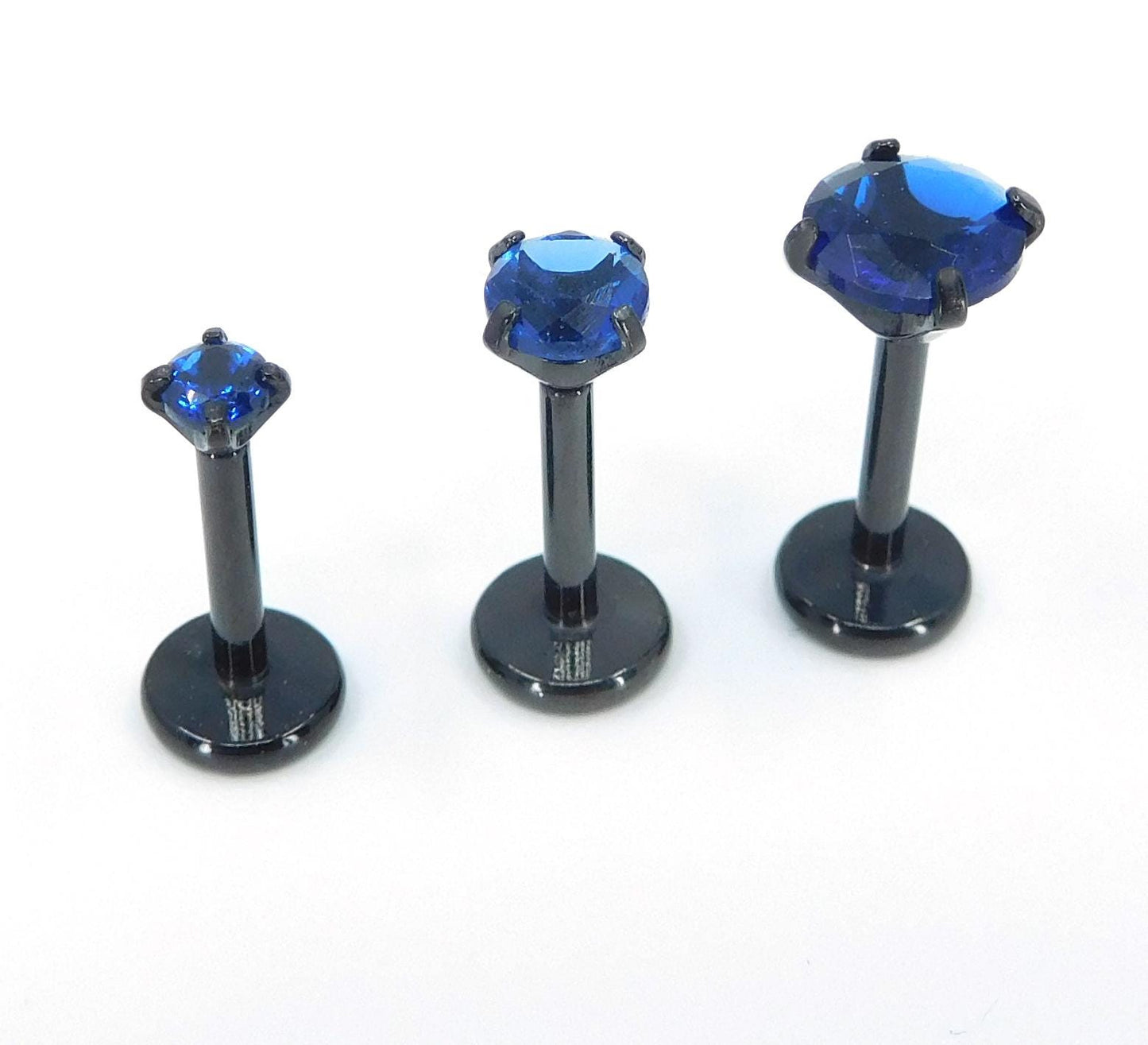 Blue CZ Black PVD Threadless Labret: Cartilage Stud Earring