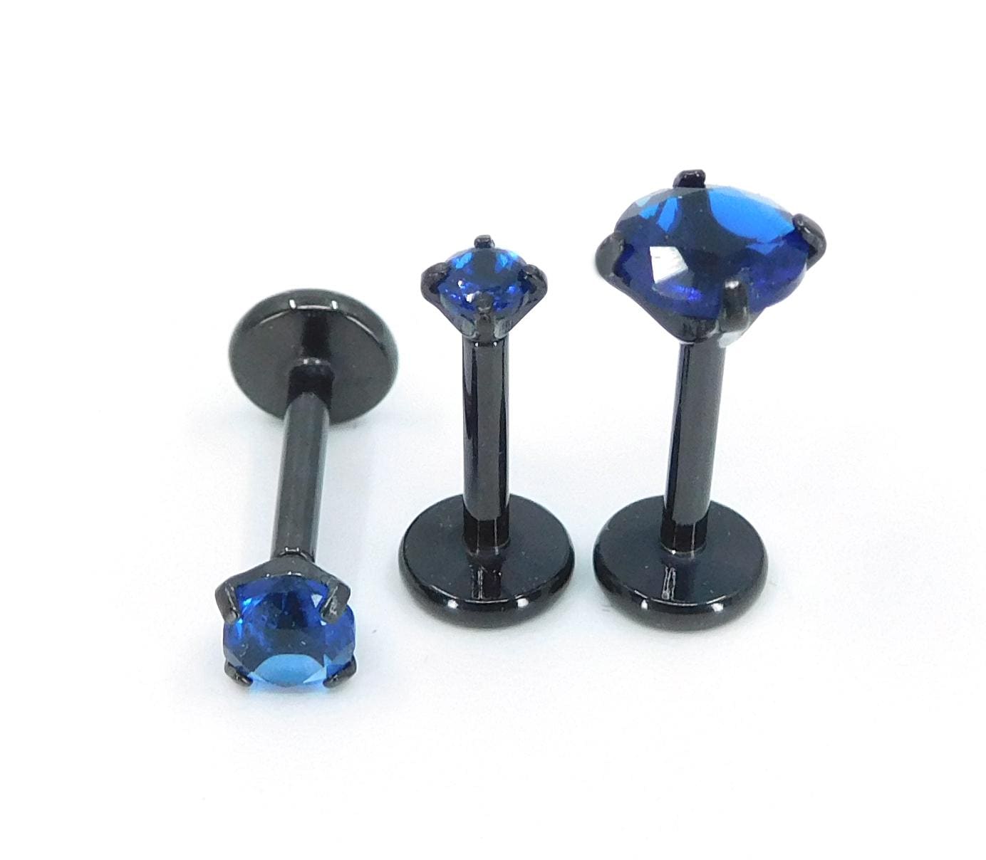 16G, 18G, 20G Blue Threadless Stud Earrings, Prong Set Royal Blue Labret Nose Ring, Black PVD Comfort Flat Back Cartilage Tragus Rings