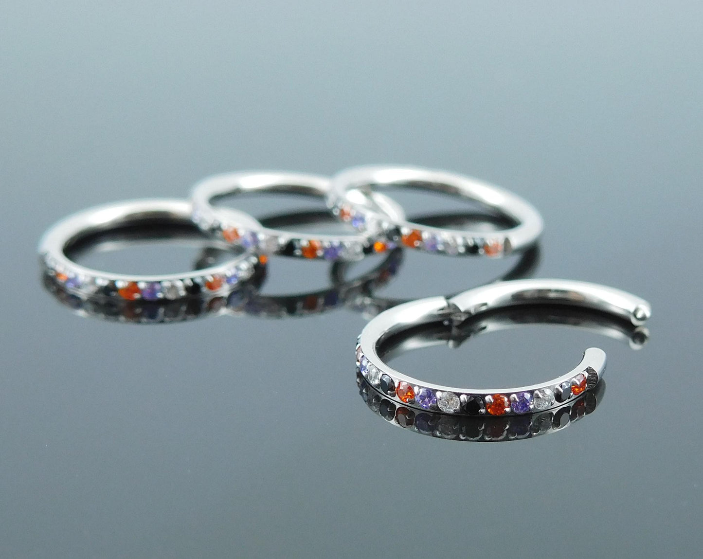 18G/20G Halloween Colors Surgical Steel Hinged Clicker Nose Stud: Hinged Segment CZ Crystal Hoop Ring, Cartilage Helix Nose Septum Ring