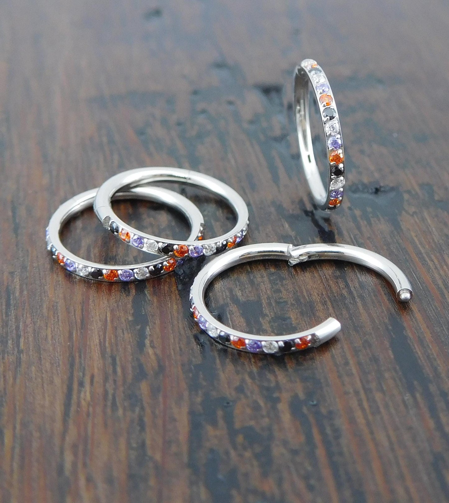 18G/20G Halloween Colors Surgical Steel Hinged Clicker Nose Stud: Hinged Segment CZ Crystal Hoop Ring, Cartilage Helix Nose Septum Ring