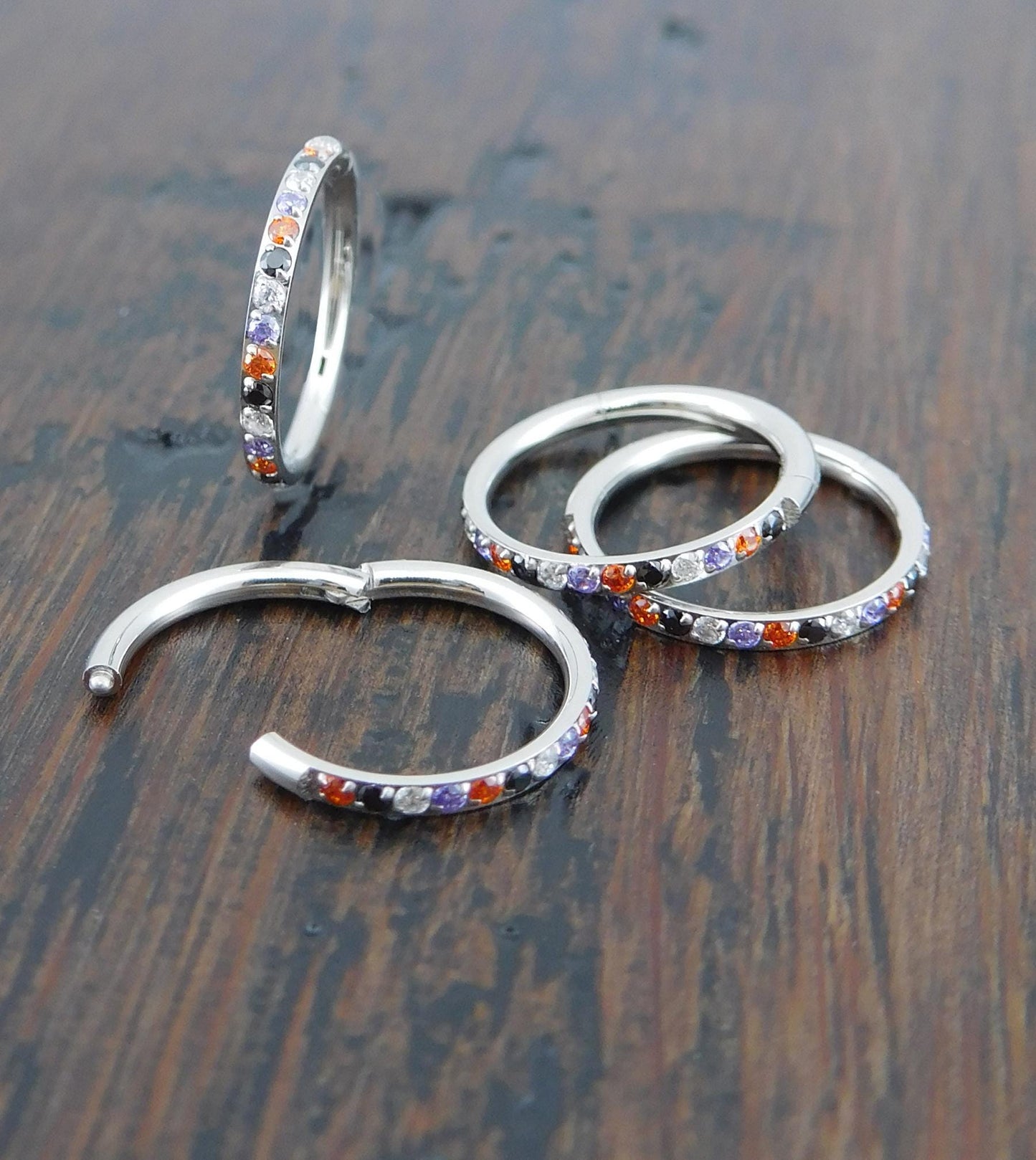 18G/20G Halloween Colors Surgical Steel Hinged Clicker Nose Stud: Hinged Segment CZ Crystal Hoop Ring, Cartilage Helix Nose Septum Ring