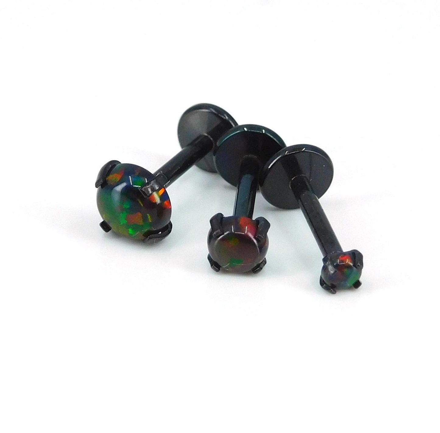 18G Black Fire & Ice Opal Stud Earring - 16G Halloween Dark Opal Cartilage Earring - 20G Black PVD Threadless Tragus Earring Jewelry