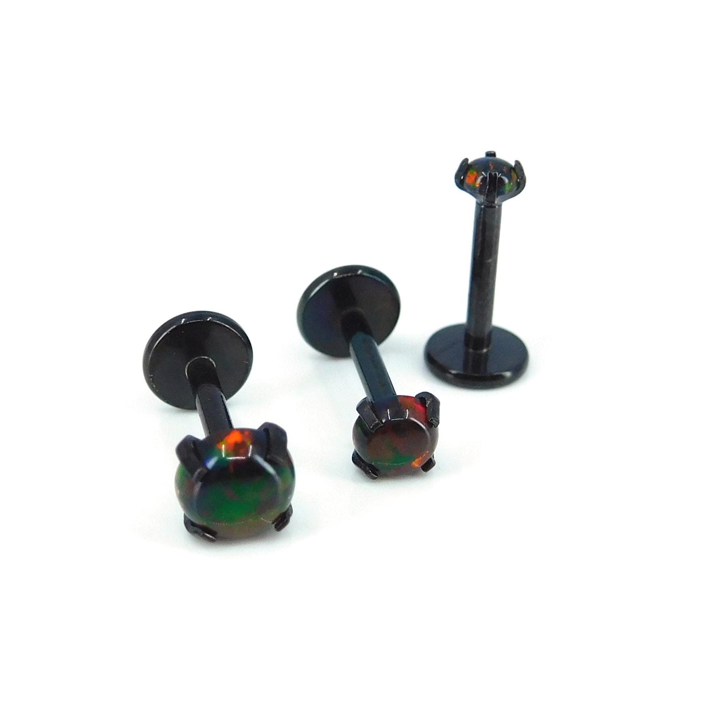 18G Black Fire & Ice Opal Stud Earring - 16G Halloween Dark Opal Cartilage Earring - 20G Black PVD Threadless Tragus Earring Jewelry