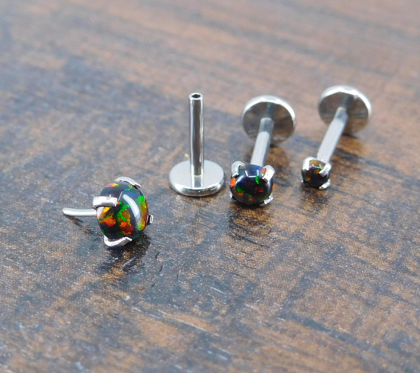 18G 2-4mm Black Fire & Ice Opal Stud Earring - 20G Surgical Stainless Steel Threadless Nose Ring - 16G Cartilage Helix Ring - Halloween Stud