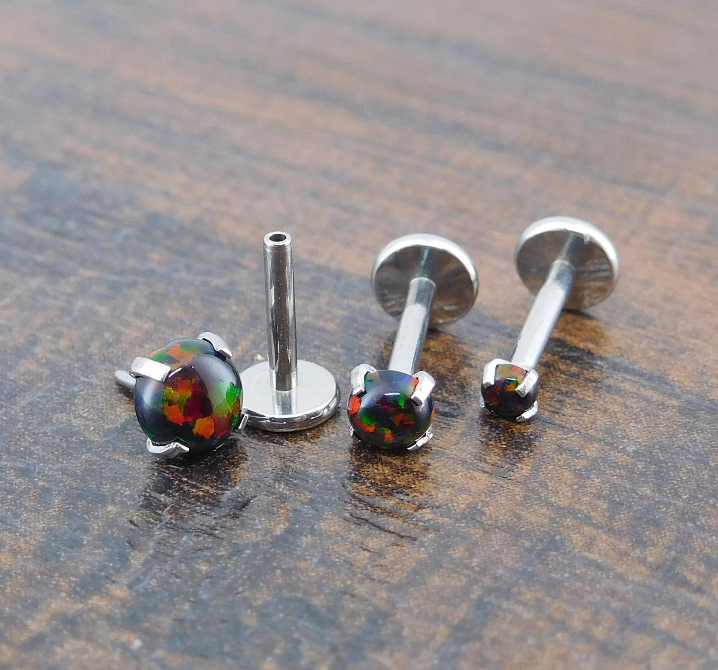 18G 2-4mm Black Fire & Ice Opal Stud Earring - 20G Surgical Stainless Steel Threadless Nose Ring - 16G Cartilage Helix Ring - Halloween Stud