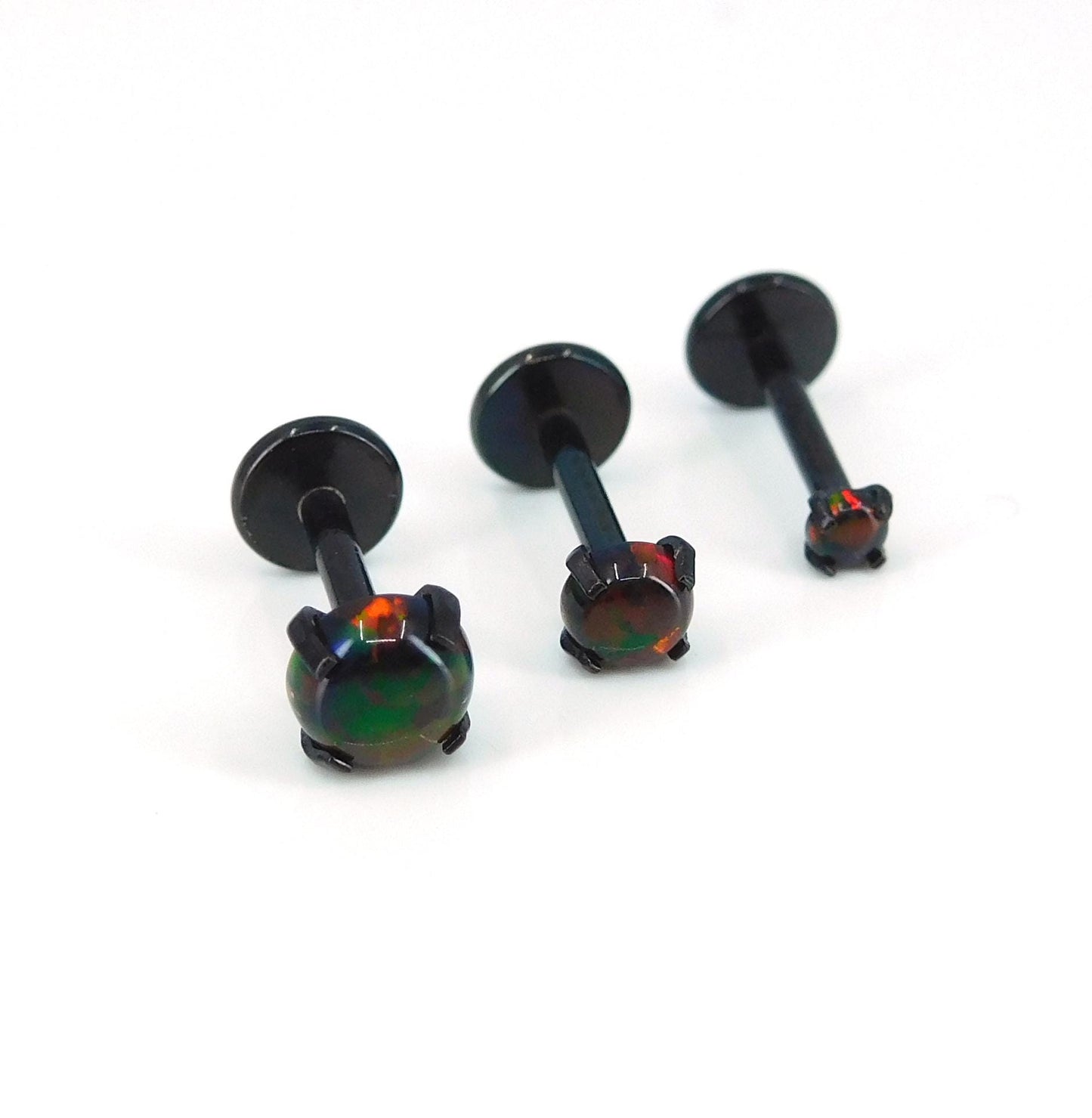 18G Black Fire & Ice Opal Stud Earring - 16G Halloween Dark Opal Cartilage Earring - 20G Black PVD Threadless Tragus Earring Jewelry