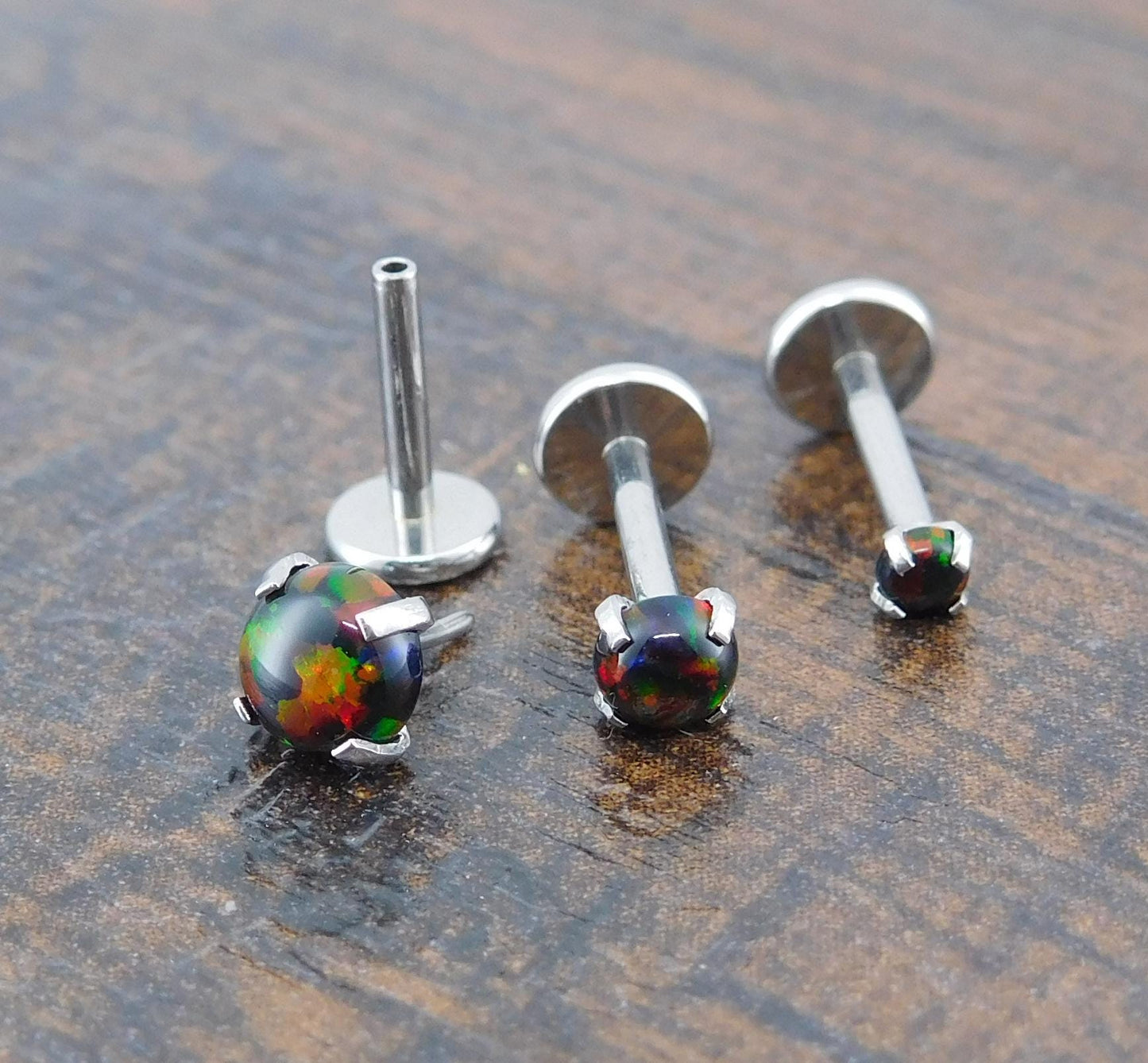 18G 2-4mm Black Fire & Ice Opal Stud Earring - 20G Surgical Stainless Steel Threadless Nose Ring - 16G Cartilage Helix Ring - Halloween Stud