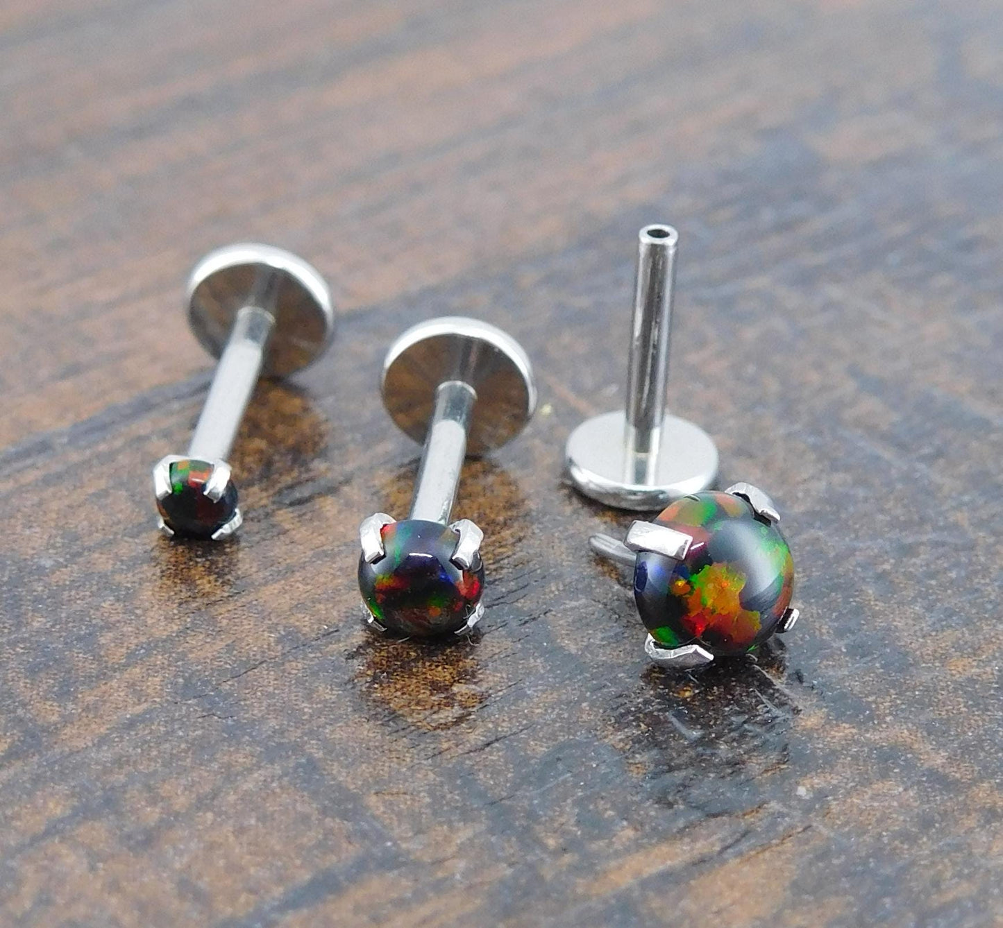 18G 2-4mm Black Fire & Ice Opal Stud Earring - 20G Surgical Stainless Steel Threadless Nose Ring - 16G Cartilage Helix Ring - Halloween Stud