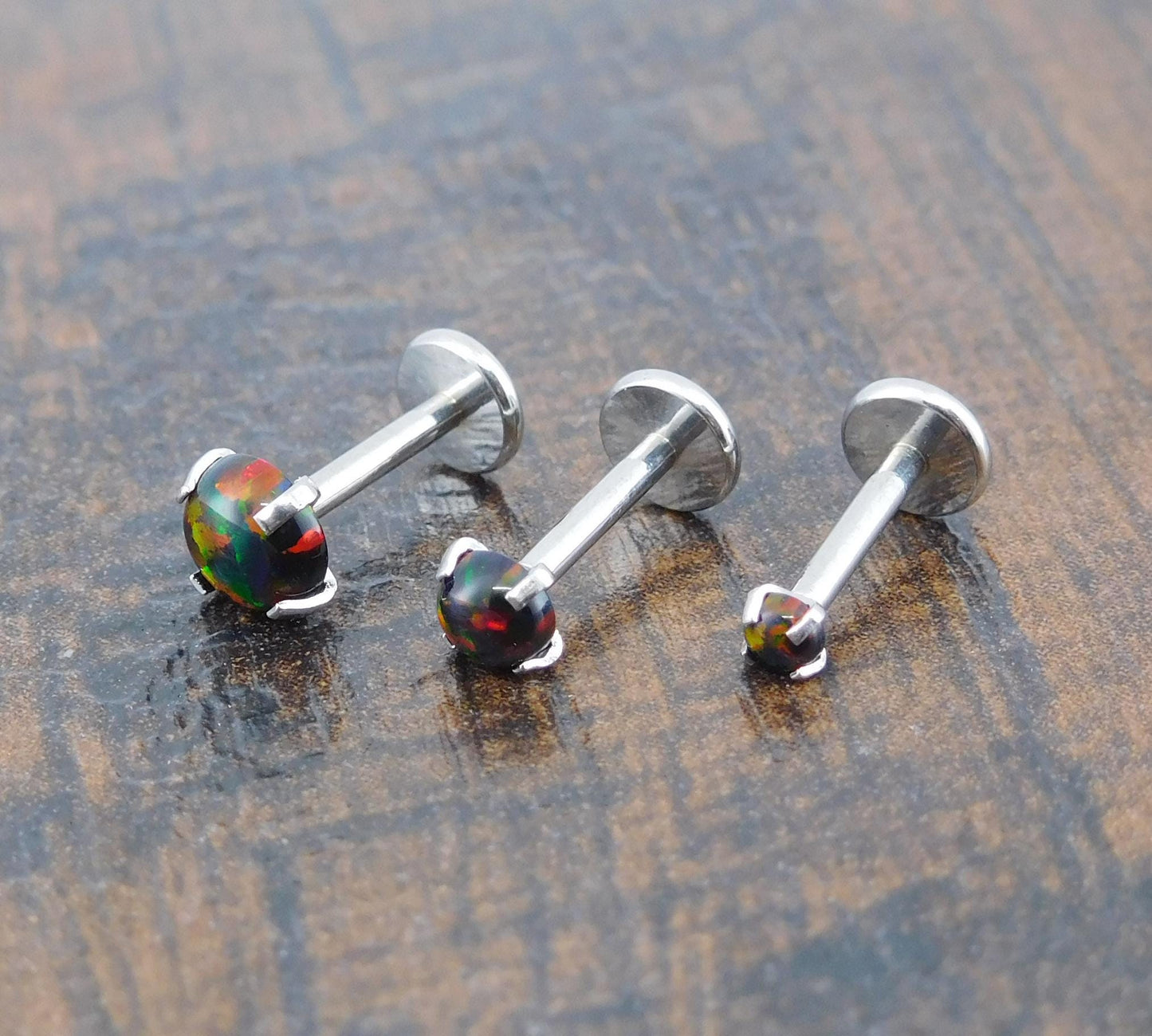 18G 2-4mm Black Fire & Ice Opal Stud Earring - 20G Surgical Stainless Steel Threadless Nose Ring - 16G Cartilage Helix Ring - Halloween Stud