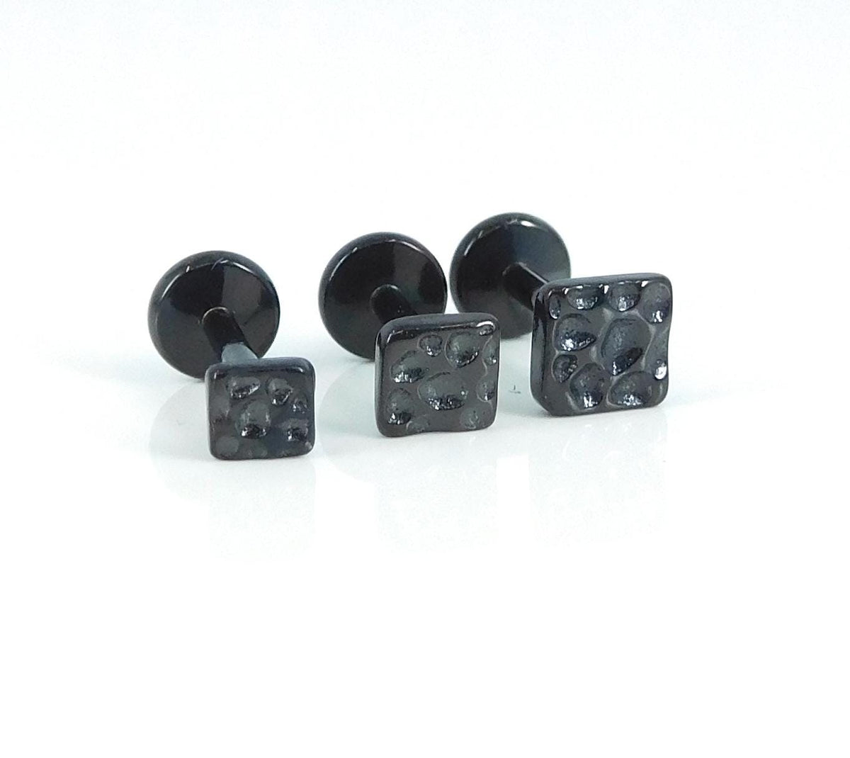 Hammered Silver Square Stud Earring - Threadless Piercing Stud- Tiny Tragus Earring, Gold PVD Push Pin Nose Stud - Cartilage Stud Earring